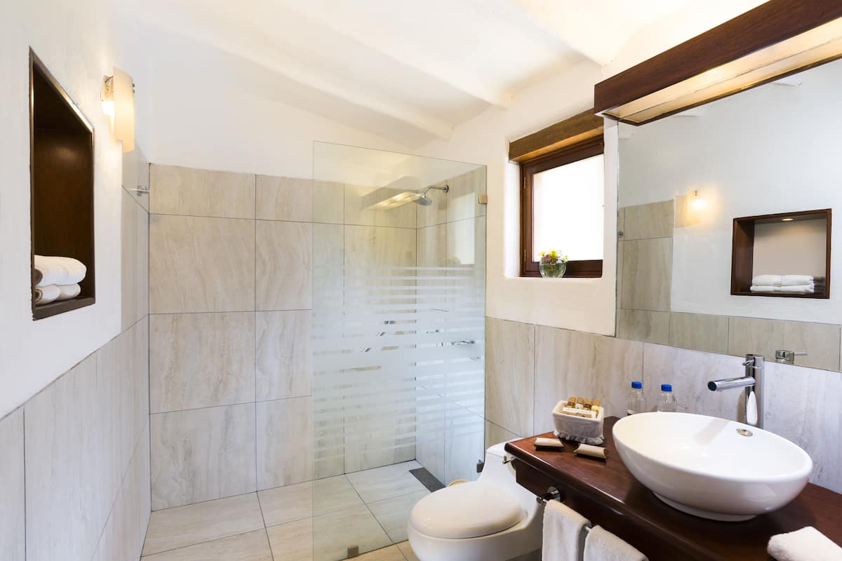 shower, rainfall showerhead, designer toiletries, hair dryer