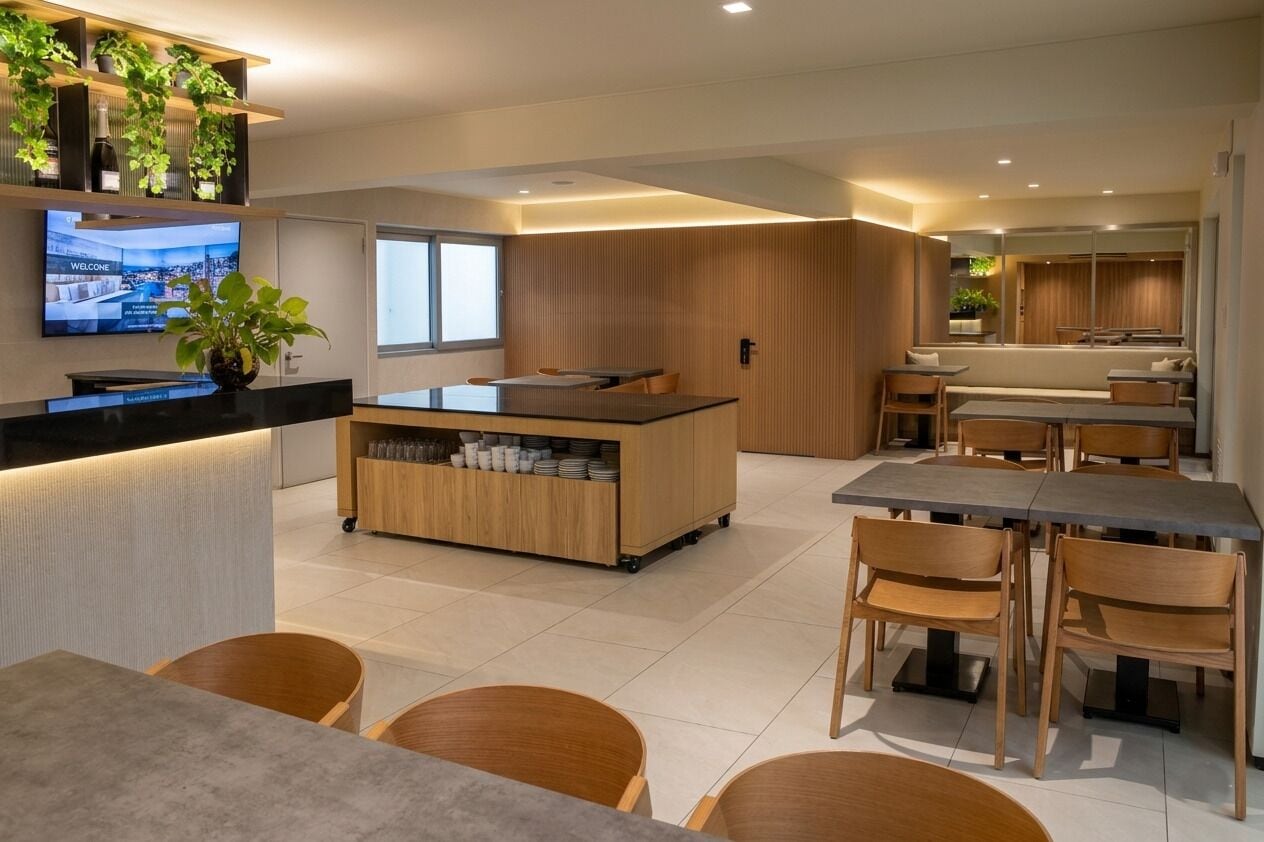 Eine moderne Hotelhalle mit Empfangsschalter, Sitzgelegenheiten und einem Fernseher, der eine Willkommensbotschaft zeigt.