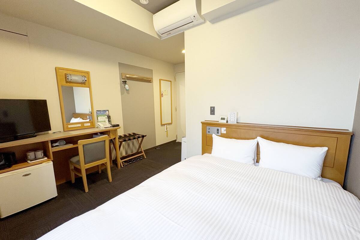 A hotel room with a bed, a desk with a chair, a television, and a mirror.