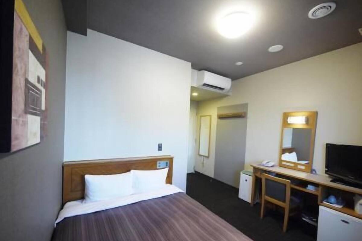 A hotel room with a bed, a desk, a television, and an air conditioning unit.