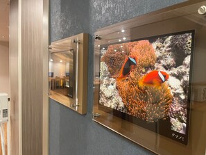 Un aquarium encadré, avec des poissons-clowns et des anémones.