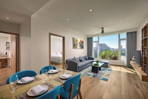 Apartment, 2 Bedrooms | Living area | 43-inch LCD TV with cable channels, TV, fireplace