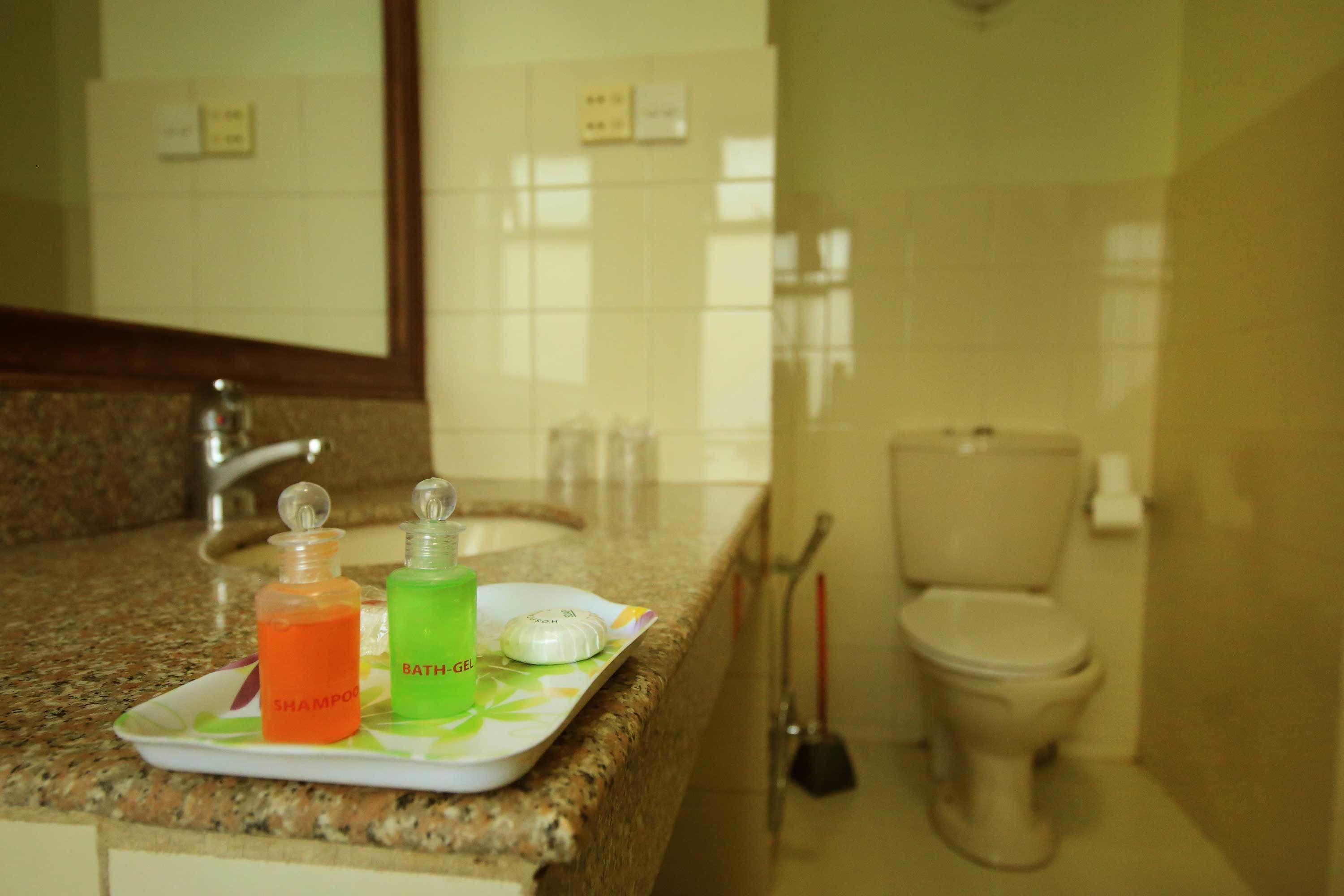 A bathroom with a granite countertop, a sink, a mirror, and a toilet. There are two bottles of liquid on the countertop, one labeled "SHAMPOO" and the other "BATH GEL".