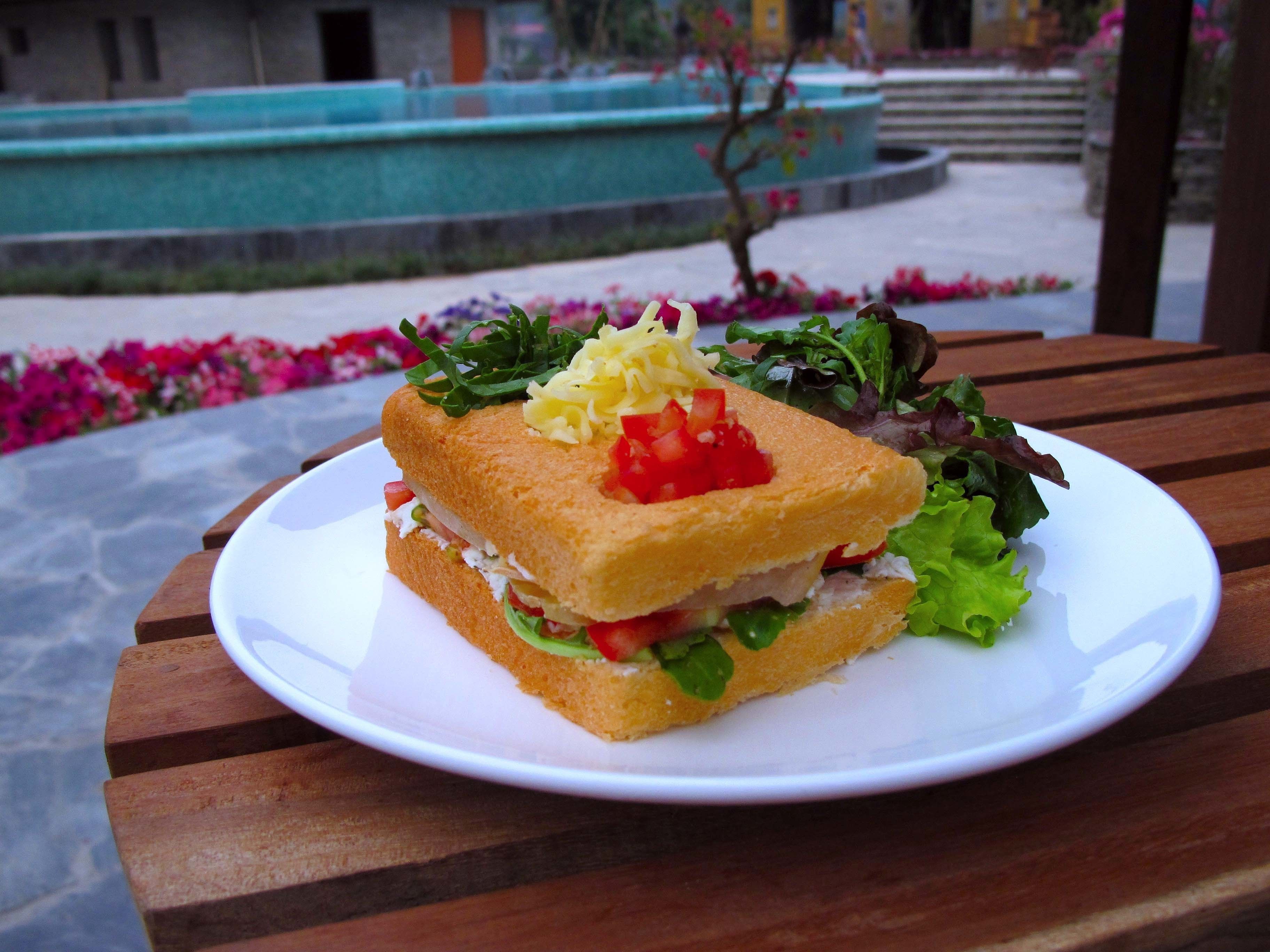 Un panino su un piatto bianco, con un tavolo di legno e una fontana sullo sfondo.