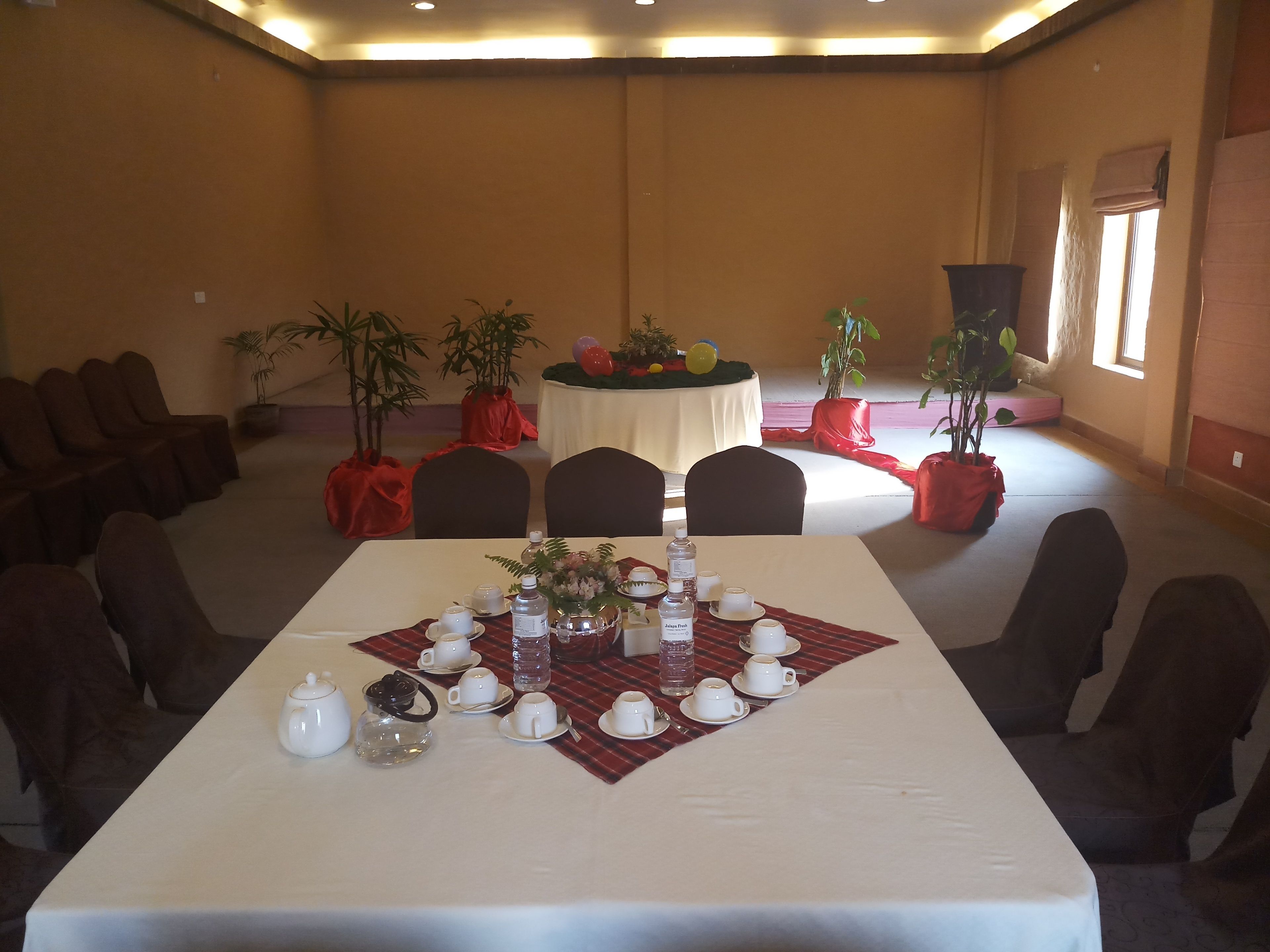 A conference room with a long table set for a meeting, surrounded by chairs, and decorated with potted plants and balloons.