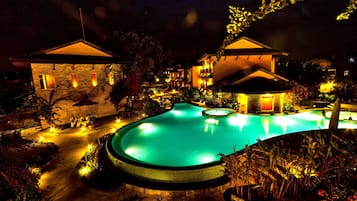 Outdoor pool, pool umbrellas, pool loungers