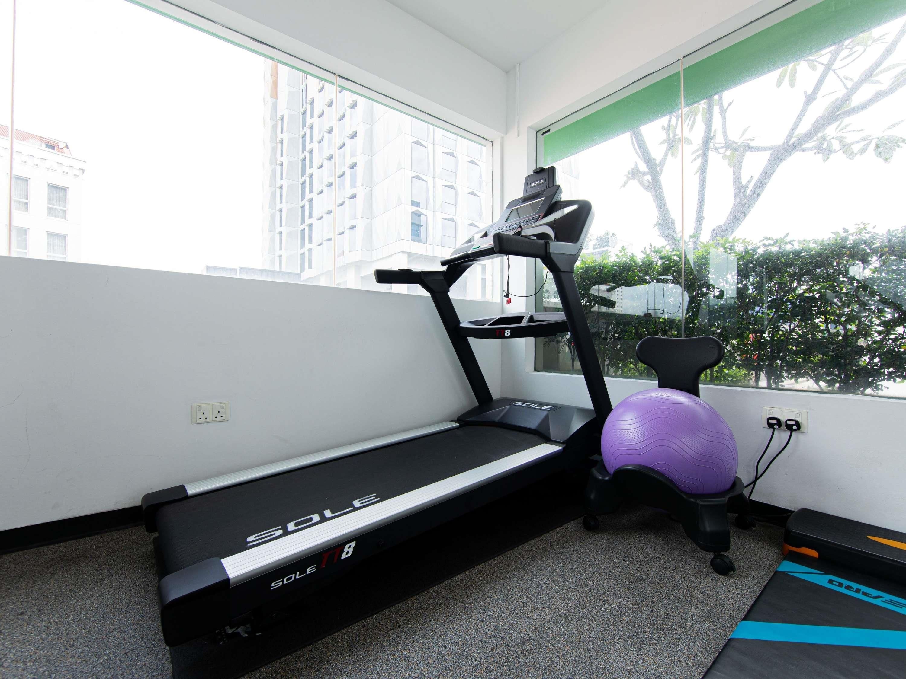 A home gym with a treadmill, a purple exercise ball, and a small step platform.
