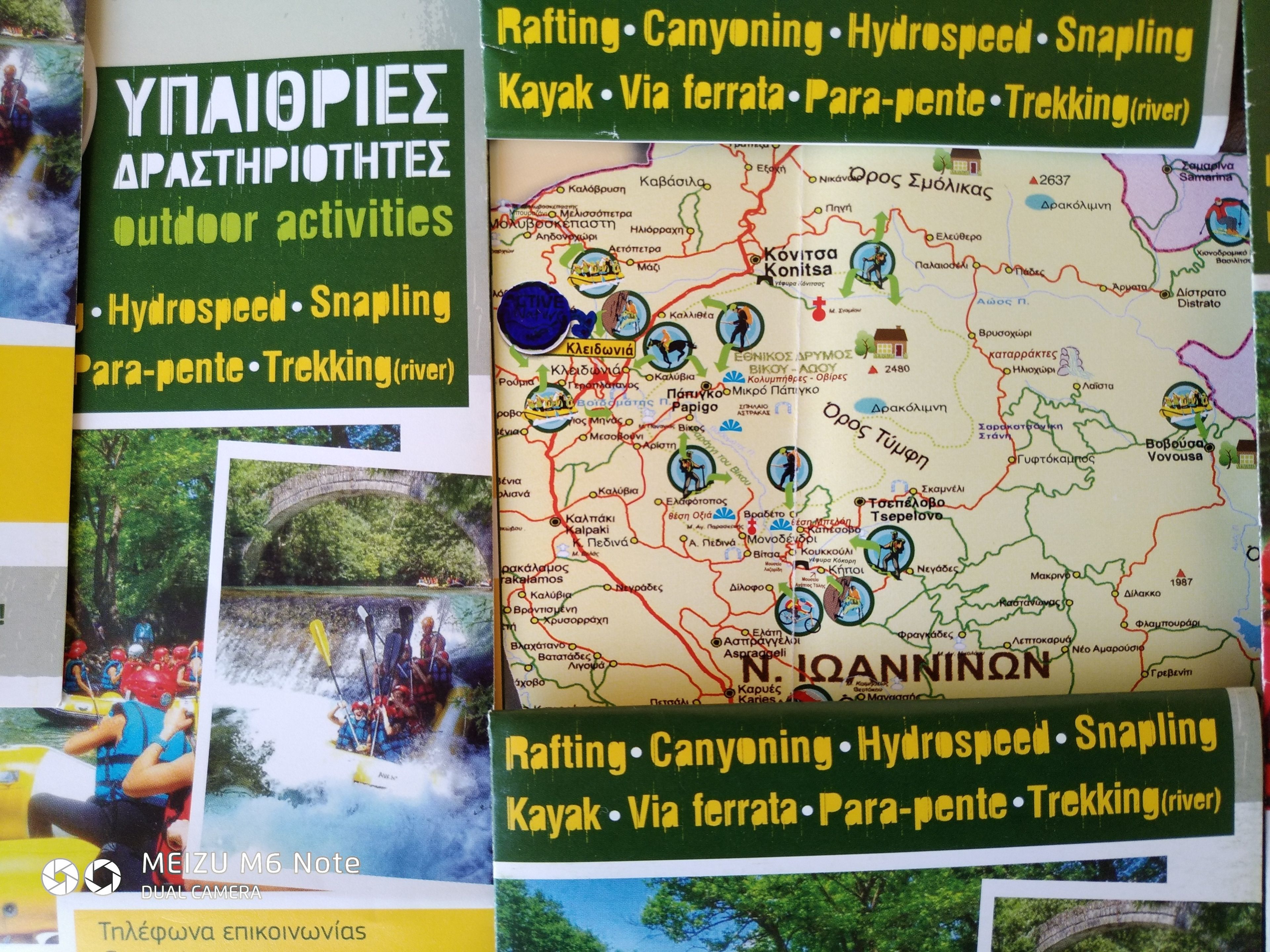 A travel map highlighting outdoor activities like rafting, canyoning, and trekking.