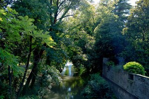 A serene river with dense foliage on both sides, a stone bridge, and a distant waterfall. - Hotel Giotto (Padova)
