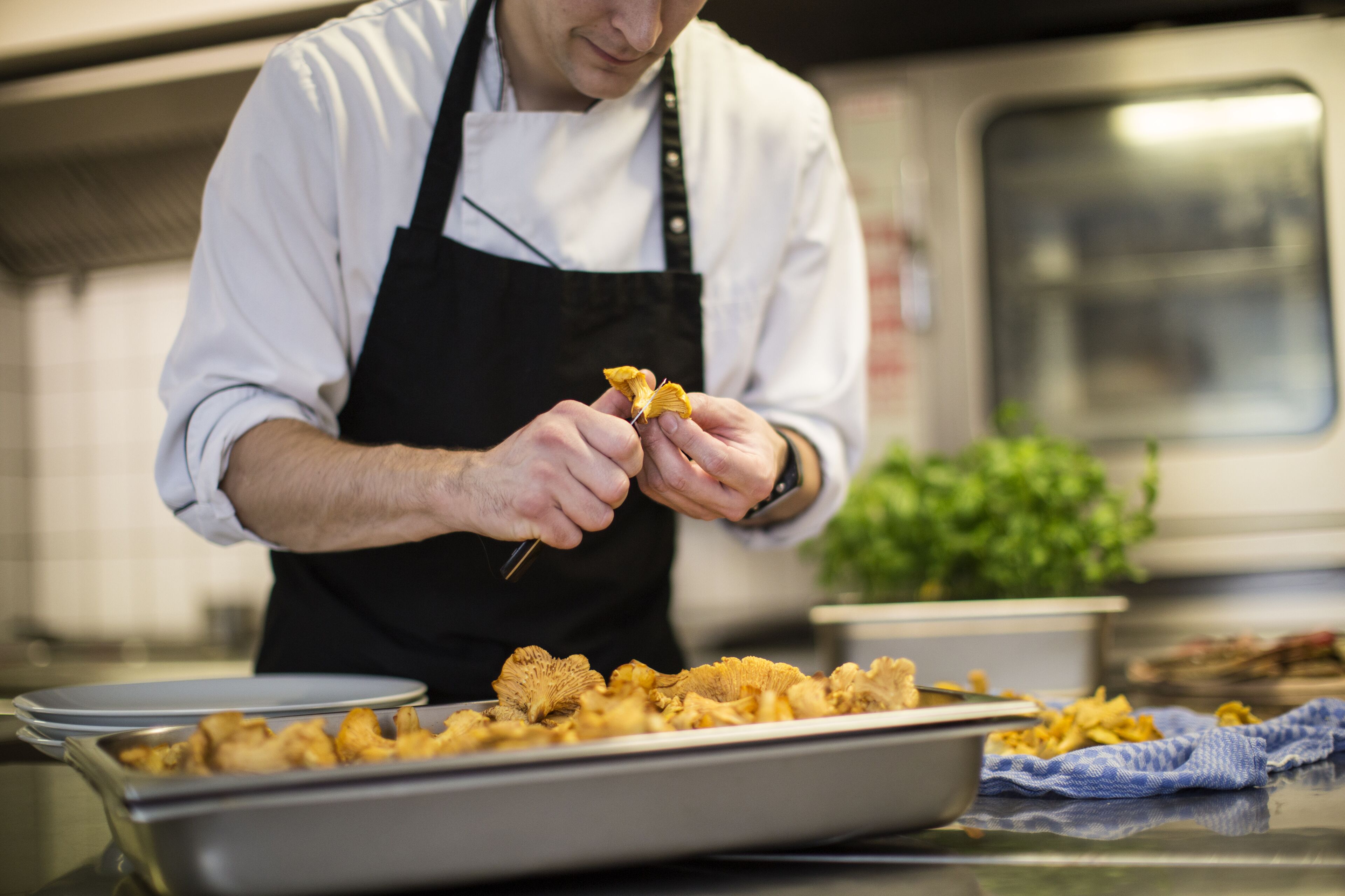 A chef in a professional kitchen preparing food.