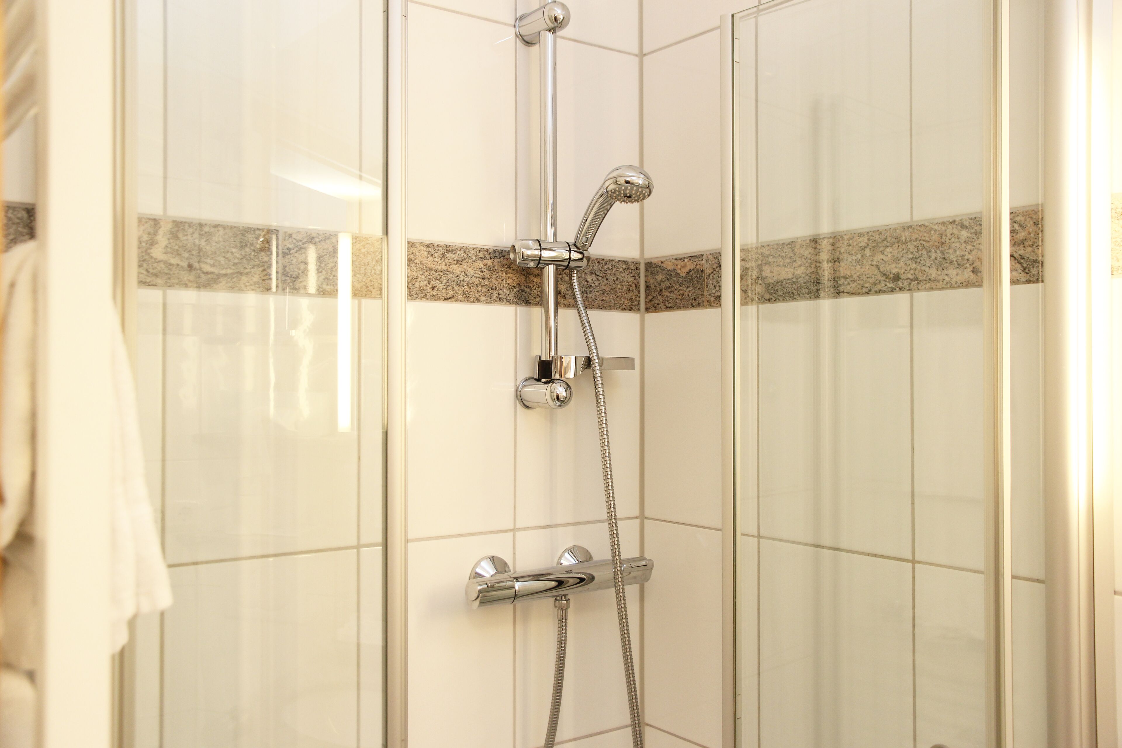 Une douche équipée d’un pommeau de douche à main et d’un pommeau de douche fixe fixé au mur, tous deux dotés de finitions chromées.