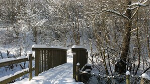 Un puente de madera sobre un sendero cubierto de nieve, con una cerca de malla metálica a un lado.