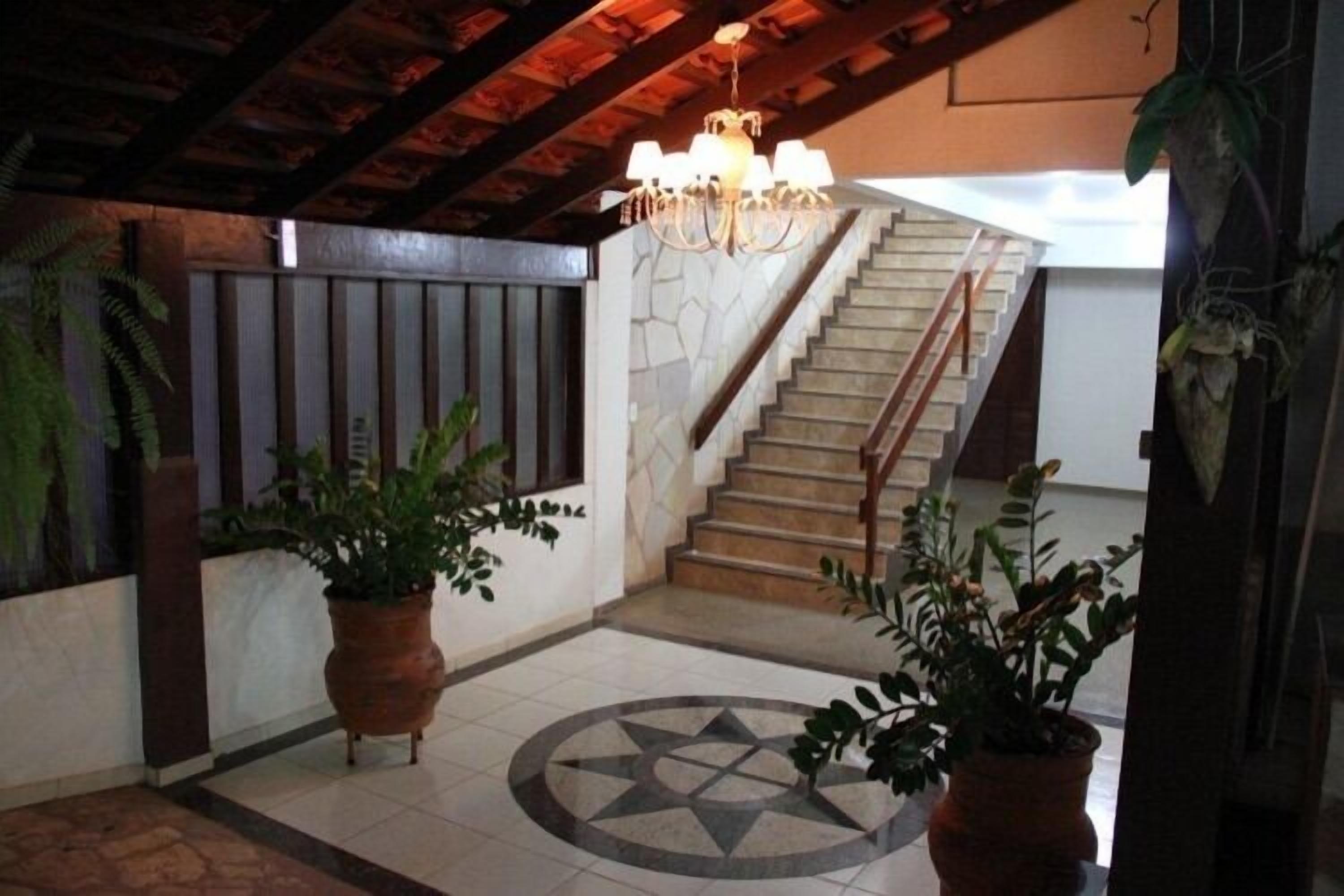 Un vaste espace intérieur agrémenté d’un escalier, de plantes en pot et d’un motif décoratif sur le sol.