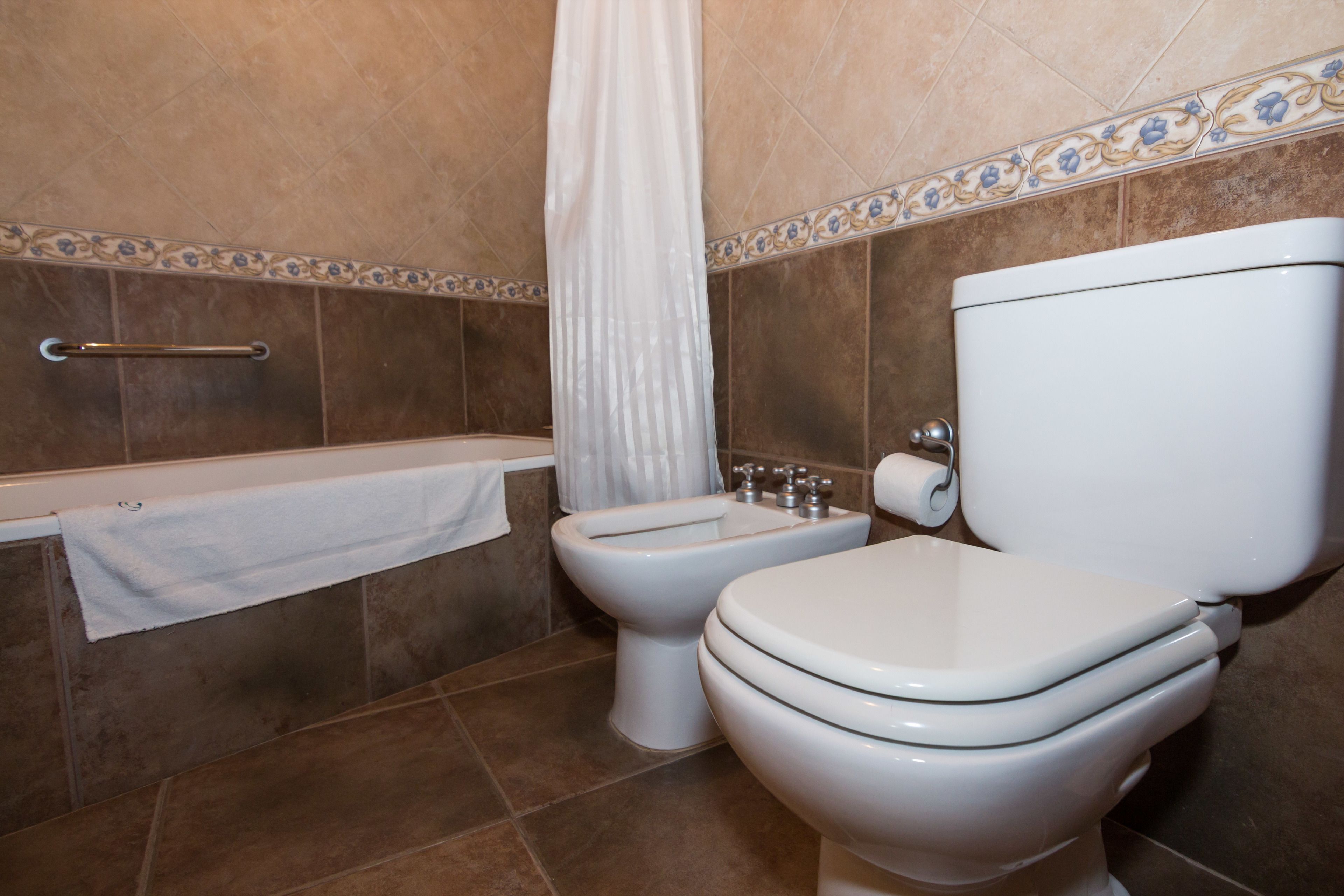Un baño con bañera, inodoro y bidé.