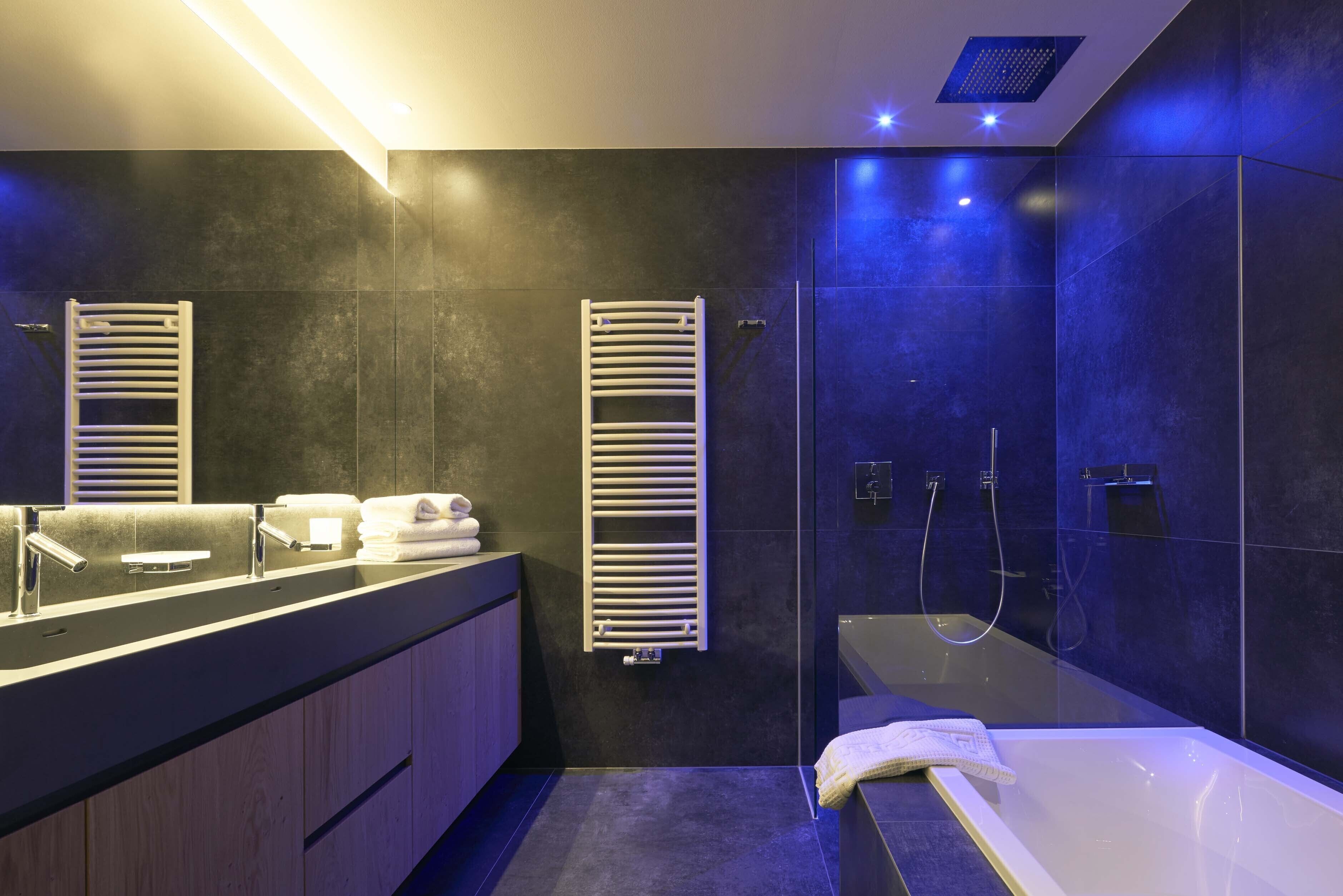 Un baño moderno con una bañera grande, una zona de ducha separada y un tocador con toallero.