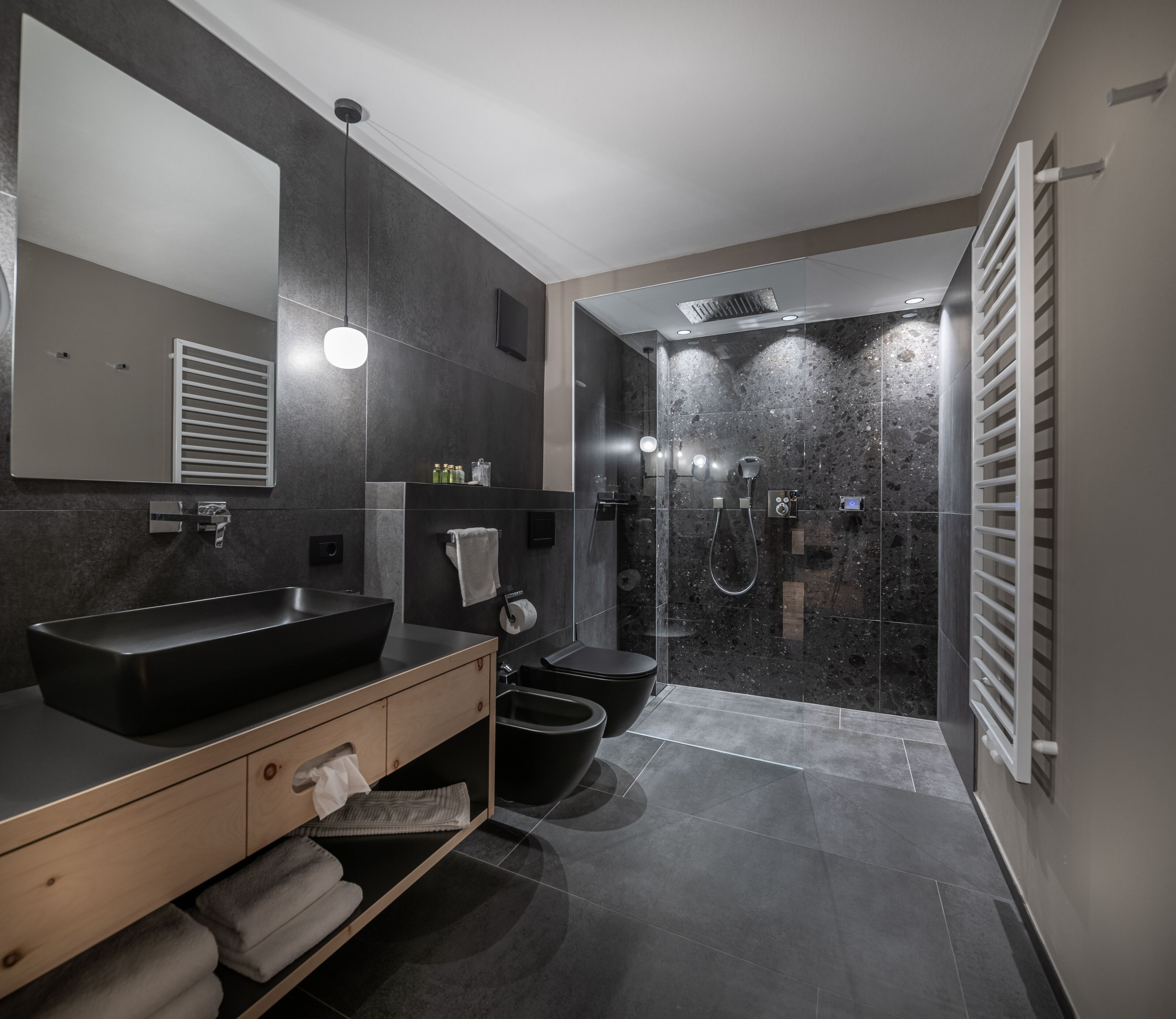 Une salle de bain moderne avec un grand lavabo, un miroir et une douche à l’italienne.