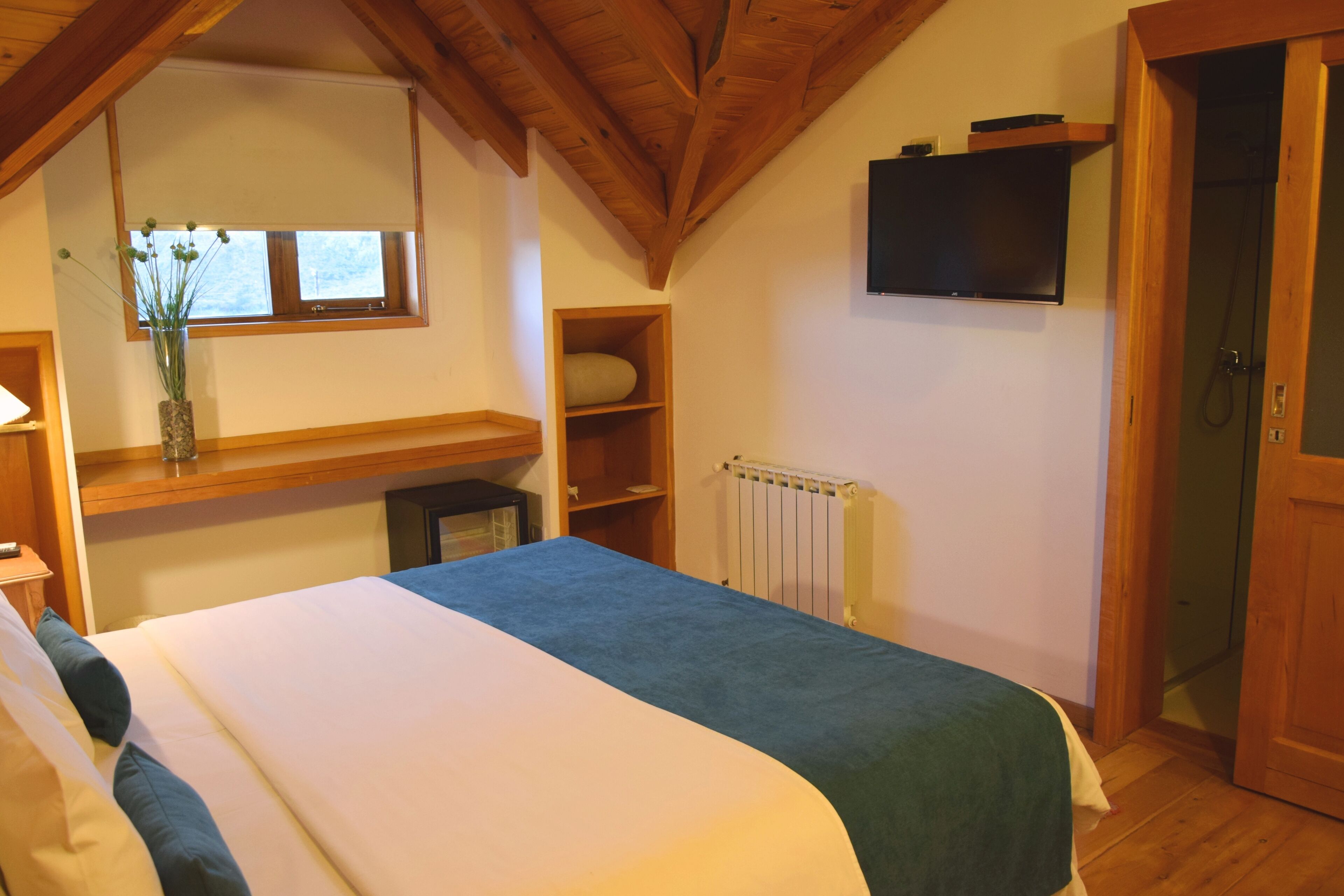 A bedroom with a bed, a wooden shelf, a radiator, a television, and a door leading to a bathroom.