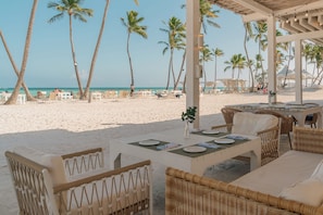 On the beach, white sand, free beach shuttle, beach towels