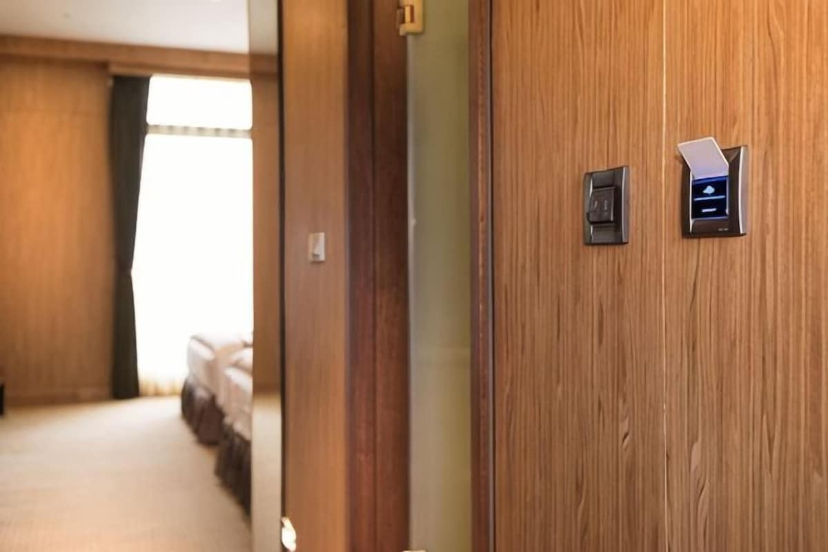 A wooden door with a keyhole and a lock, a small control panel, and a light switch.