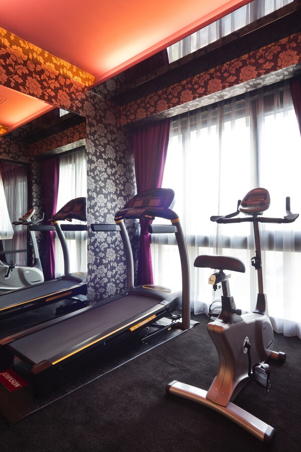 Une salle de sport équipée de tapis de course, de vélos d’appartement et d’un appareil d’aviron.