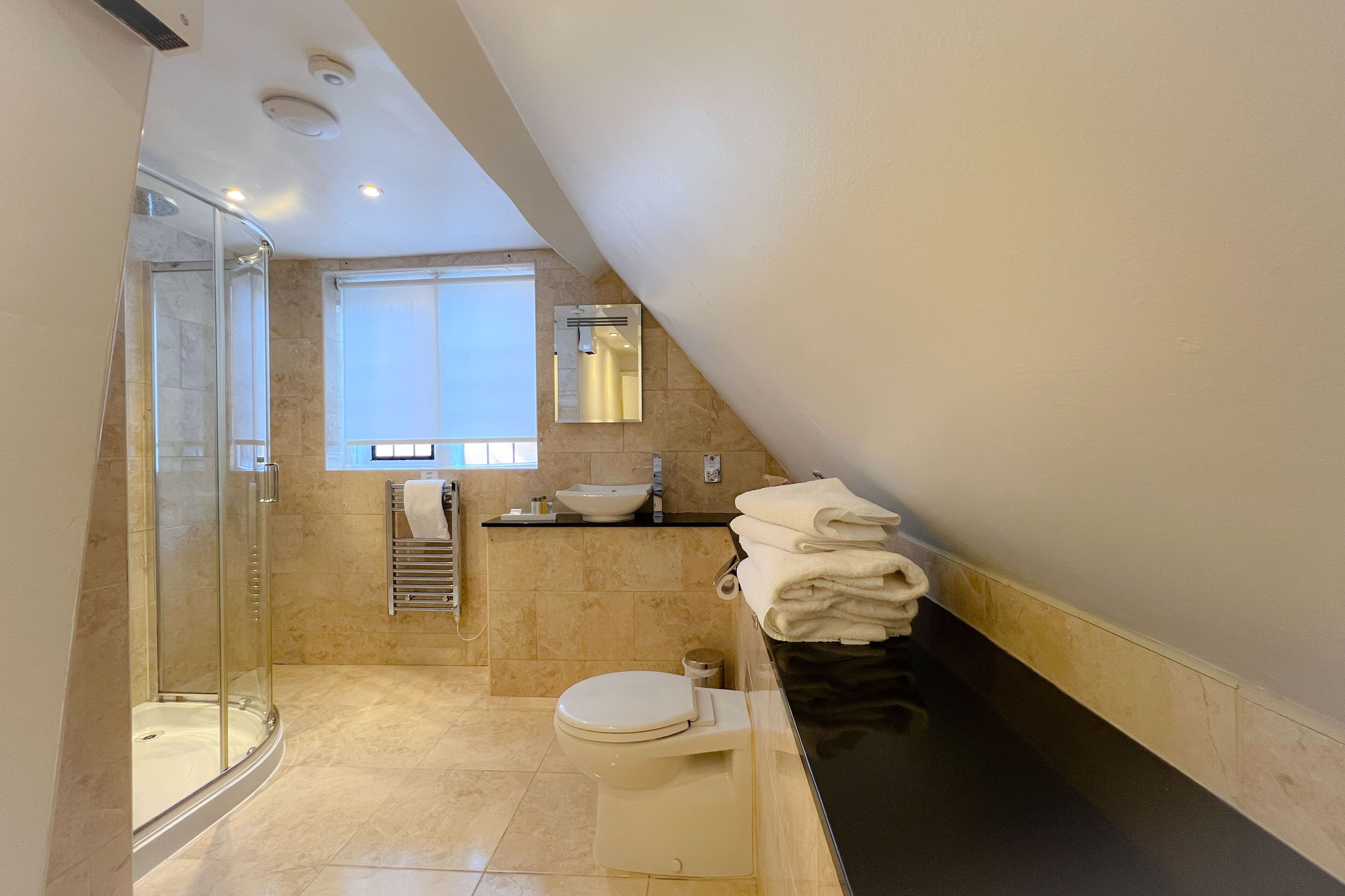 A modern bathroom with a glass-enclosed shower, a toilet, a sink with a mirror, and a towel rack.
