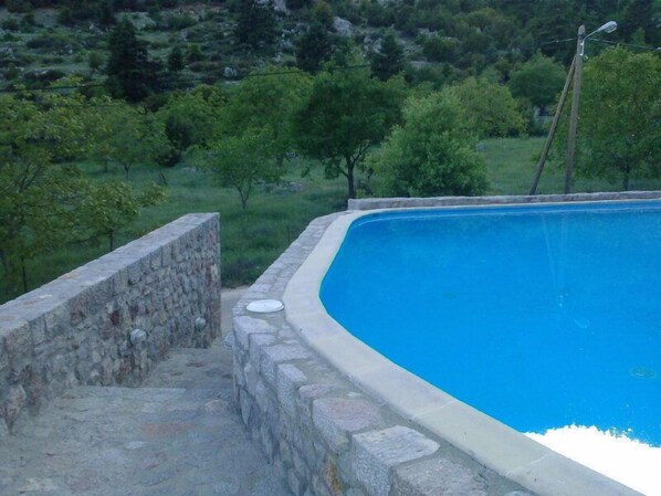 A swimming pool with stone walls, surrounded by a grassy area with trees.