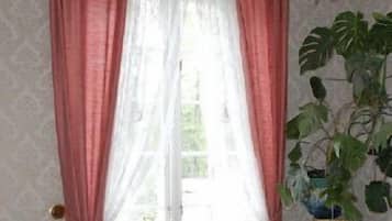 A bedroom with a large window, a radiator, a chandelier, and a potted plant.