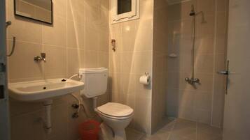 Un baño con lavabo, inodoro y ducha.