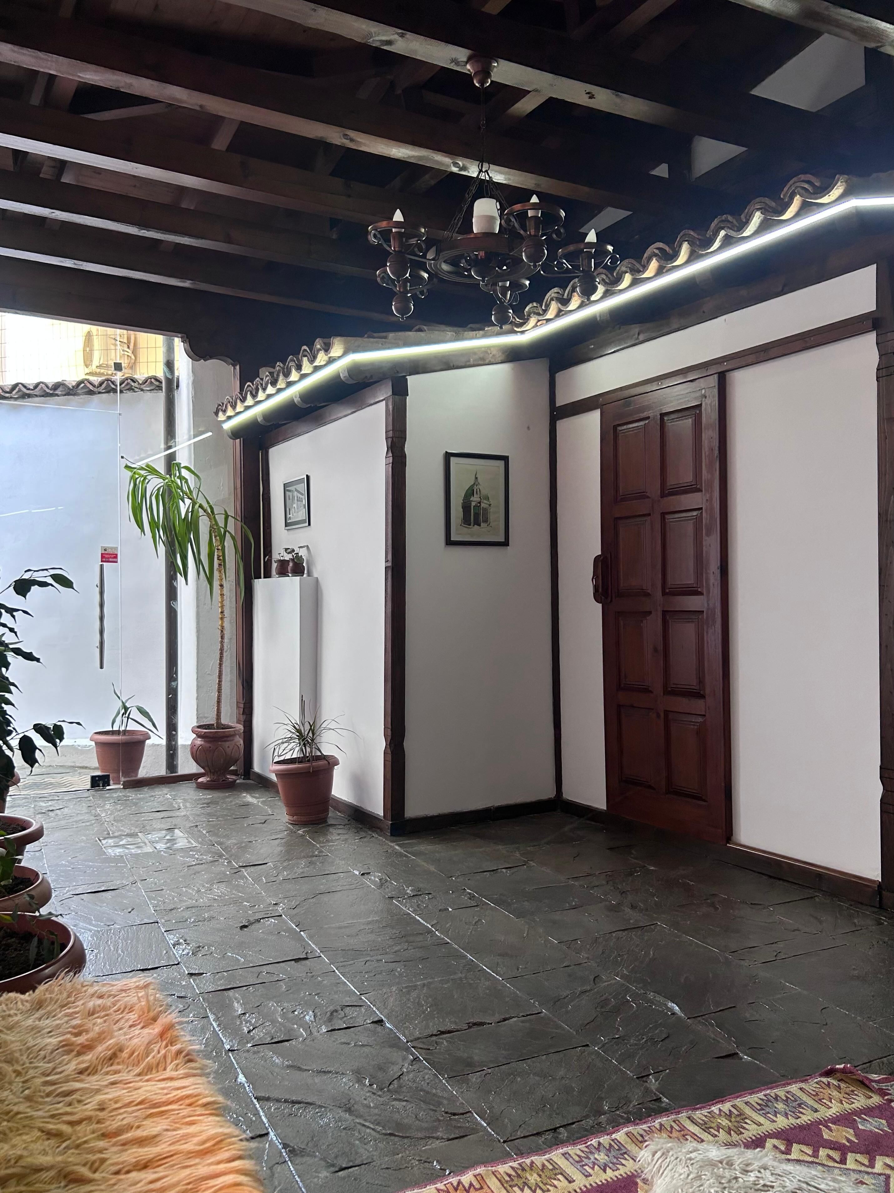 A hallway with a tiled floor, potted plants, a wooden door, and a ceiling with exposed beams and a hanging light fixture.