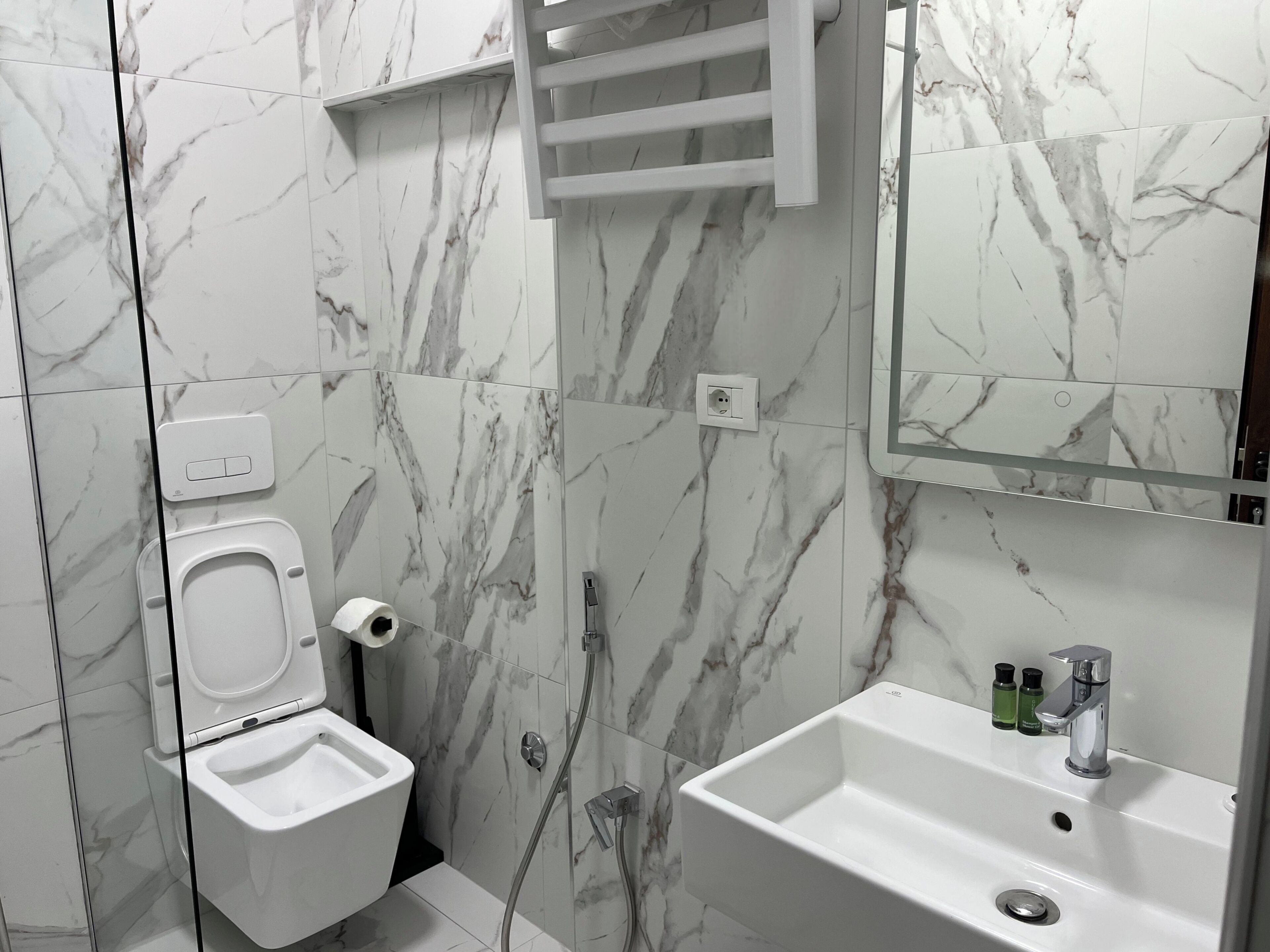 A bathroom with a toilet, bidet, shower, and sink.
