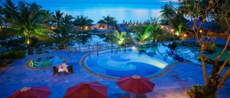 Indoor pool, outdoor pool, pool umbrellas, pool loungers