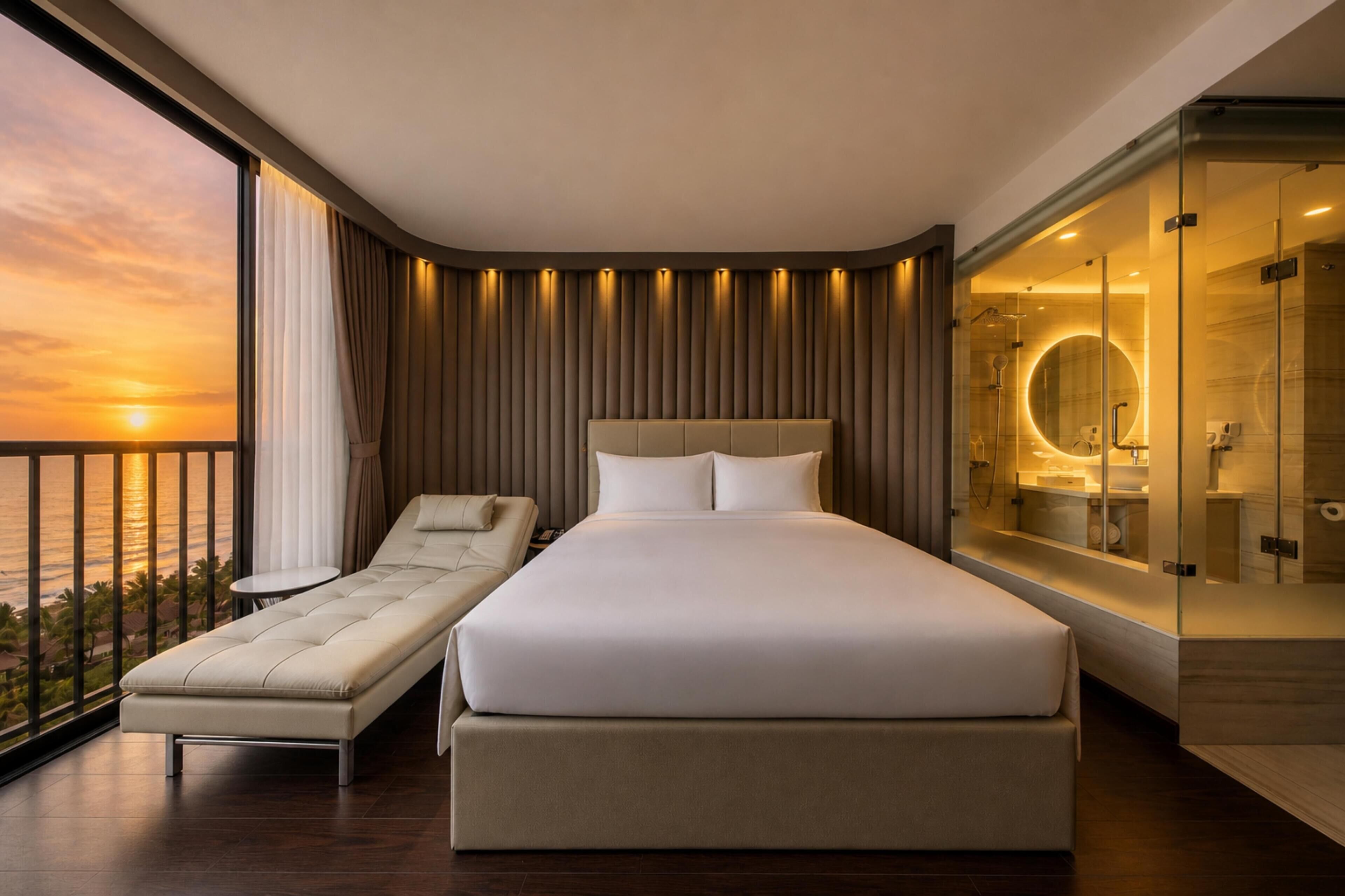 A modern hotel room with a large bed, a chaise lounge, a glass-enclosed bathroom, and a view of the sunset.