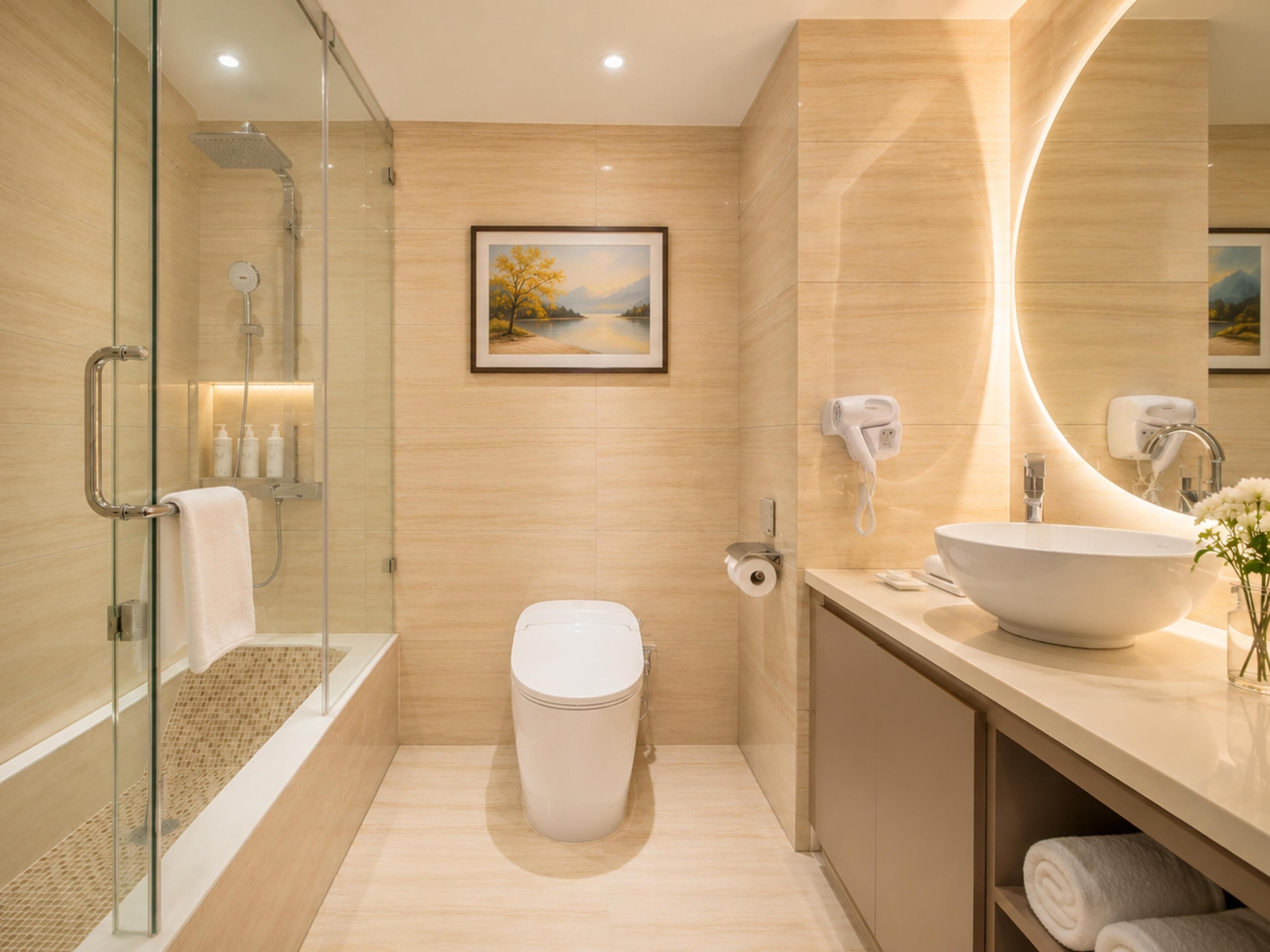 A modern bathroom with a glass shower enclosure, a toilet, a sink with a large mirror, and a framed landscape painting on the wall.