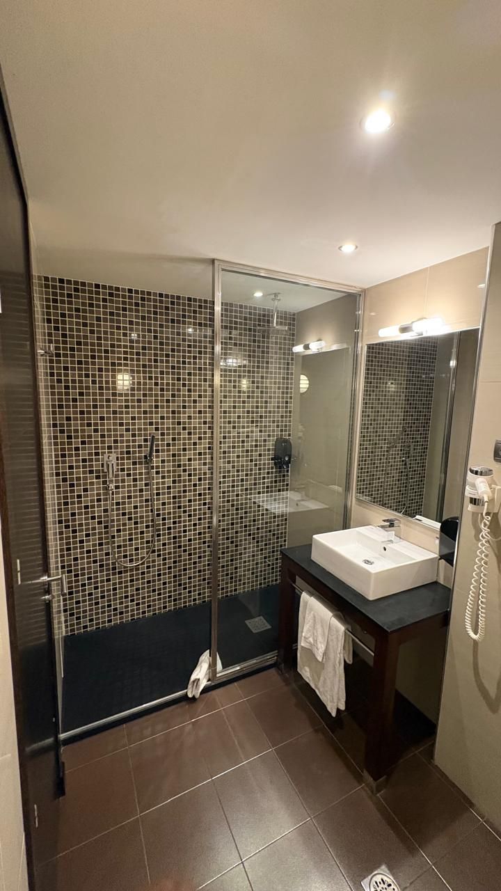 A modern bathroom with a glass-enclosed shower, a white sink, and a large mirror.