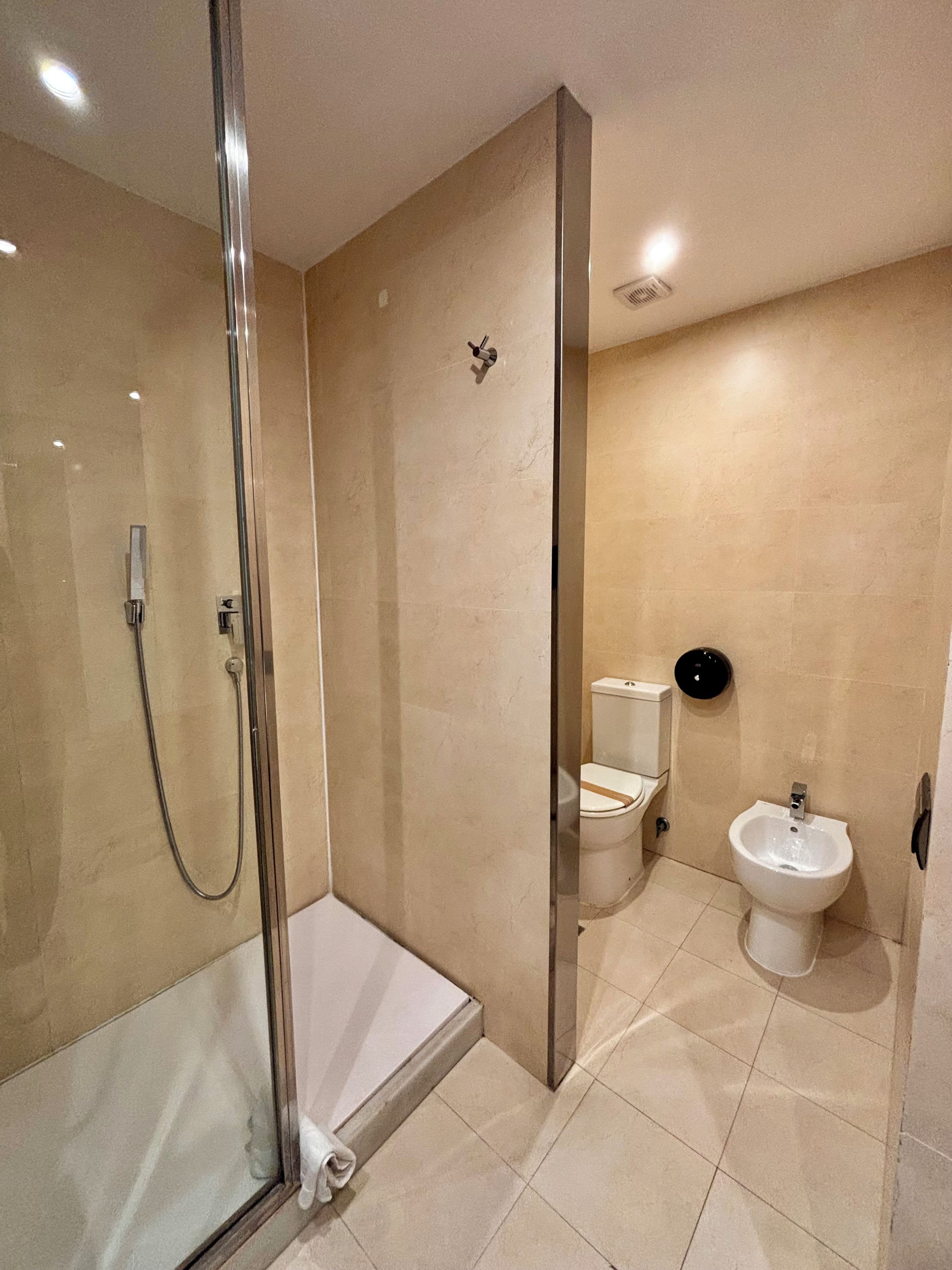 Un baño moderno con ducha envuelta en vidrio, inodoro y bidé.