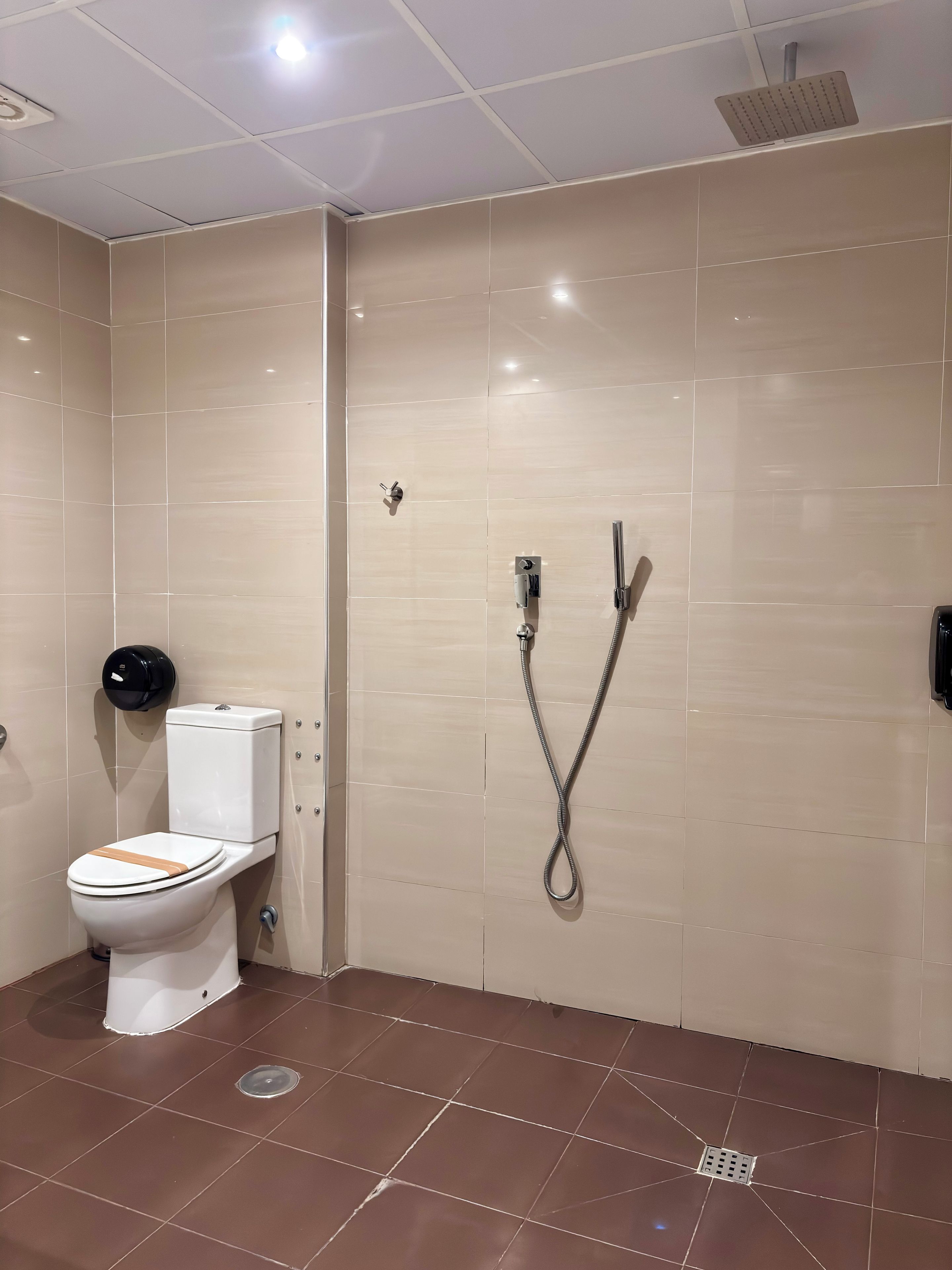 A bathroom with a toilet, a shower, and a wall-mounted toilet paper dispenser.