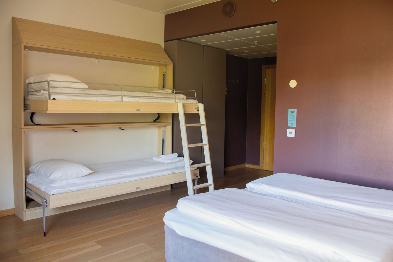 A bunk bed room with a ladder, a door, and a wall-mounted light switch.