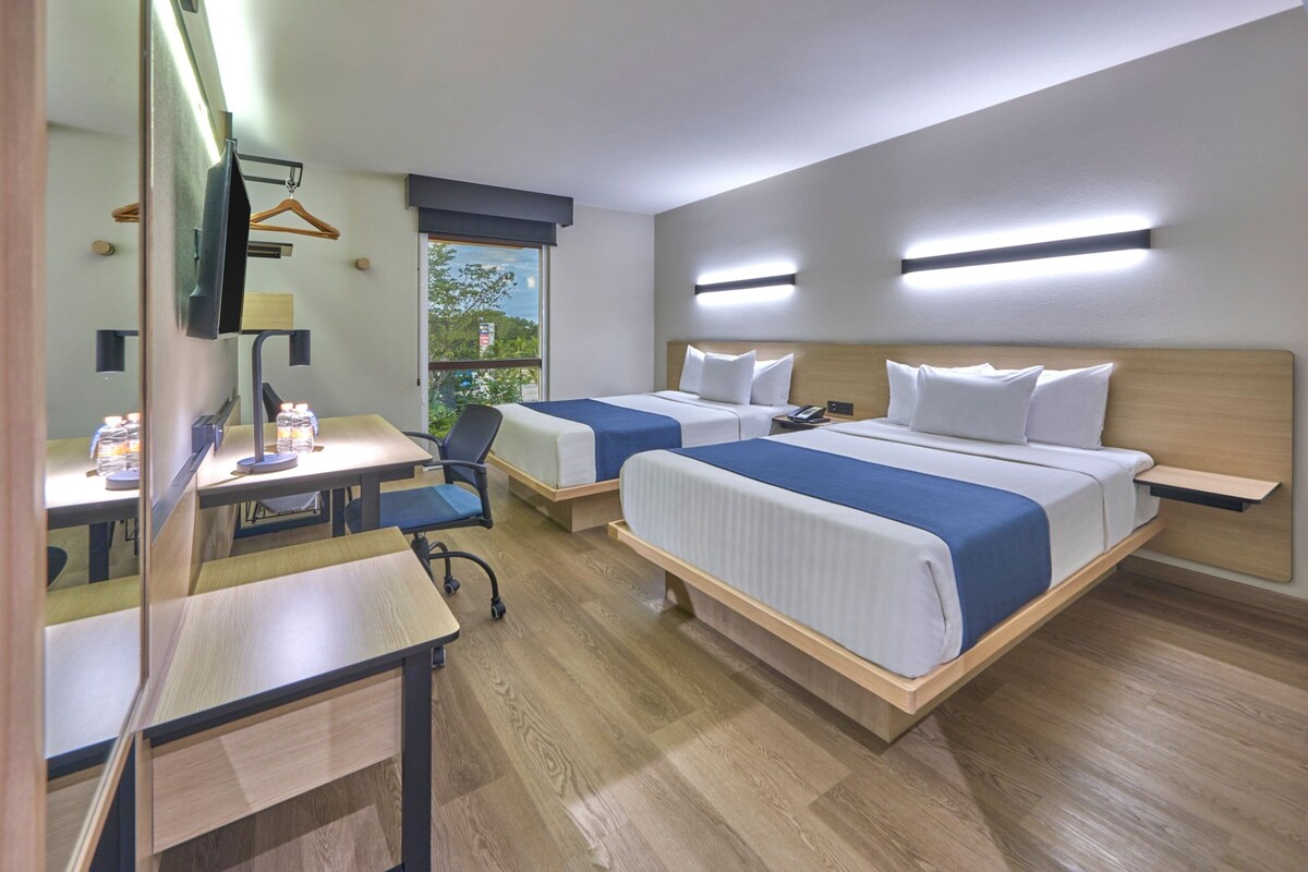 Habitación de hotel con dos camas, un escritorio, una silla, un espejo y una ventana con vistas a zonas verdes.