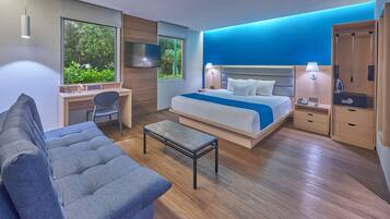 Desk, blackout drapes, soundproofing, iron/ironing board