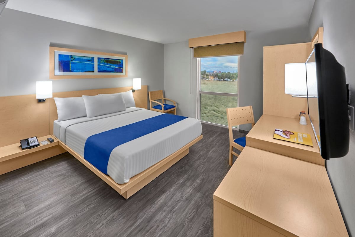 Habitación de hotel con cama, escritorio, silla, televisión y ventana con vistas.