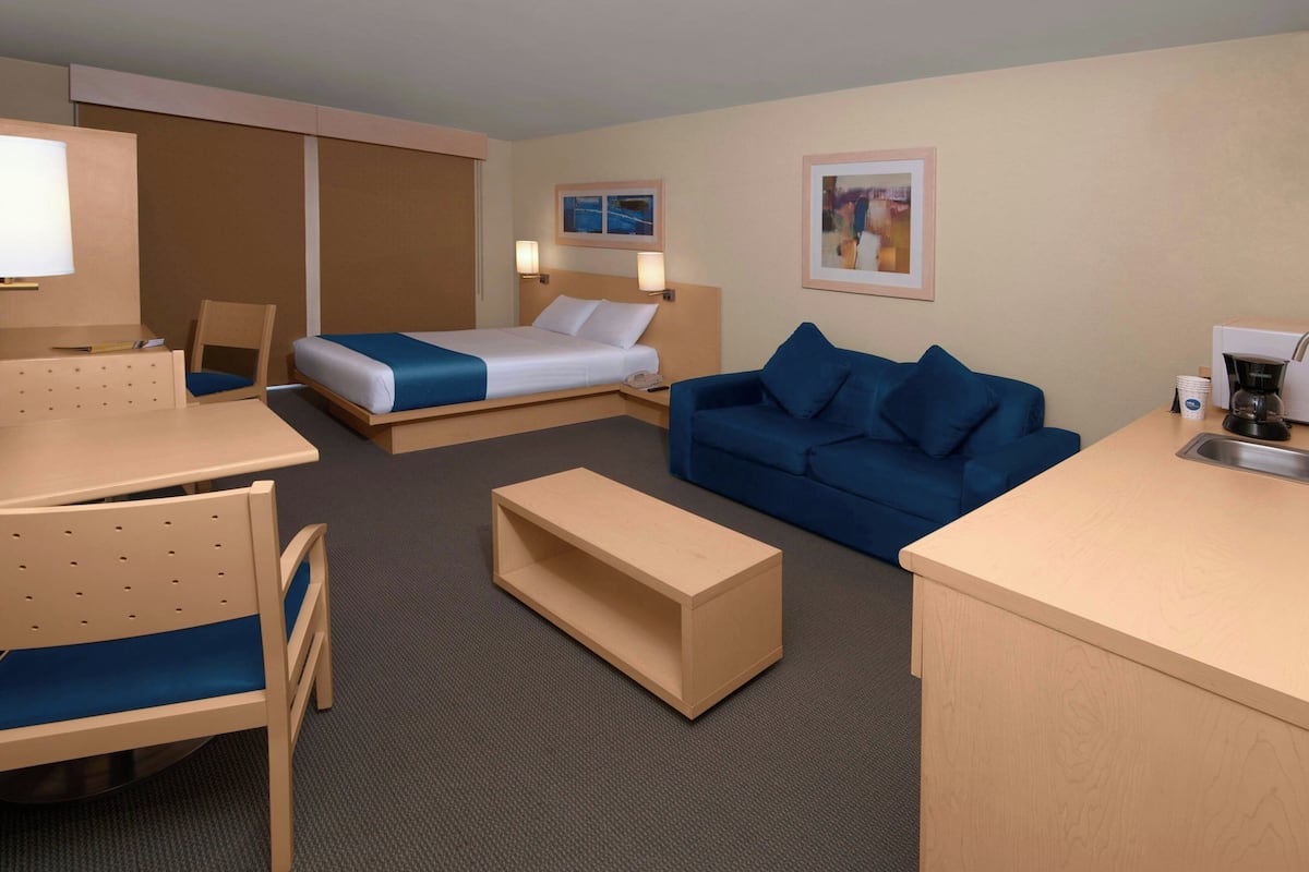 A hotel room with a bed, a sofa, a desk, and a chair.