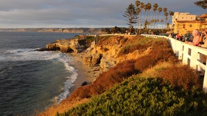 A coastal view with a rocky shoreline, palm trees, and a white fence overlooking the beach. - Pantai Inn (La Jolla)