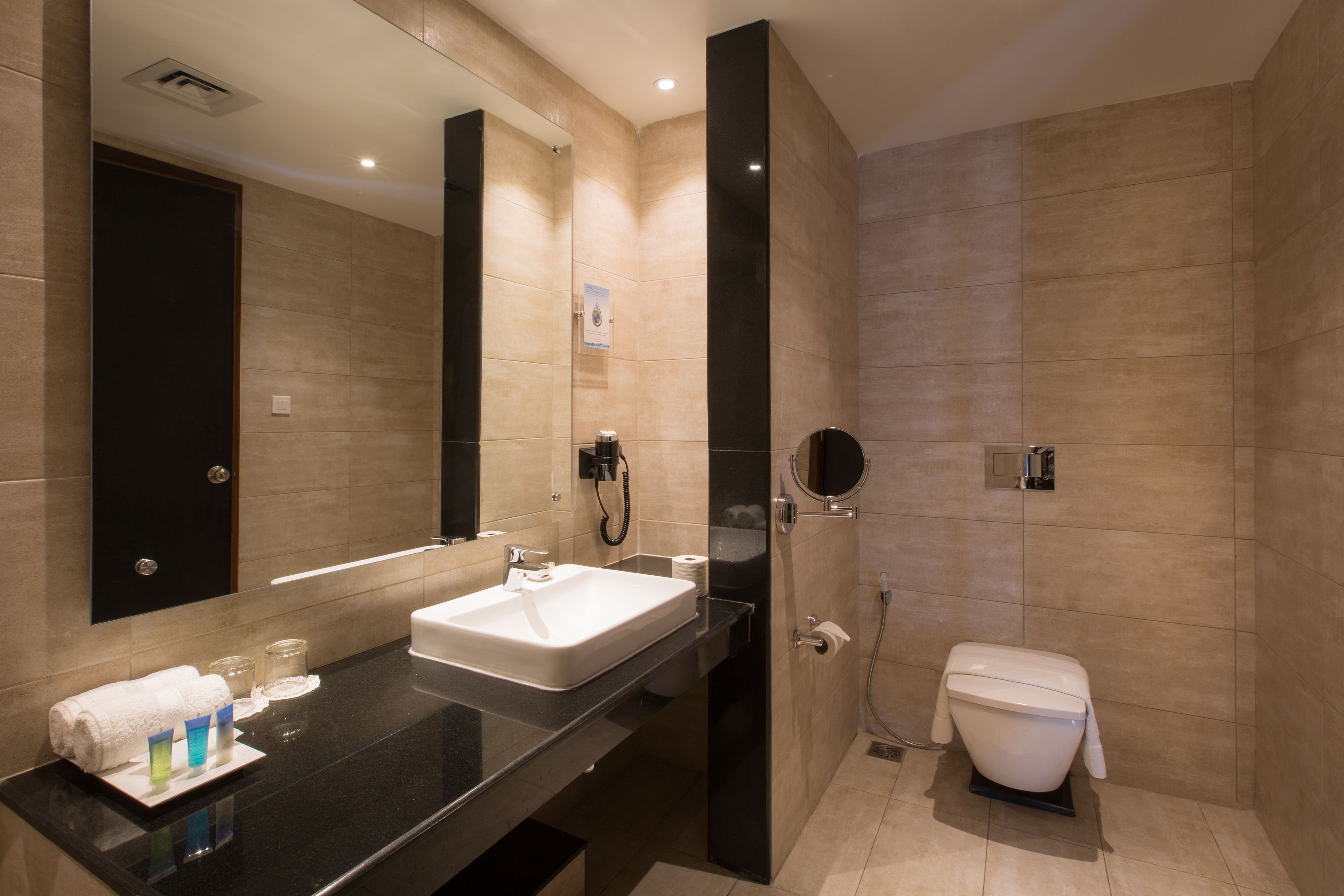 A modern bathroom with a large sink, mirror, and toilet.