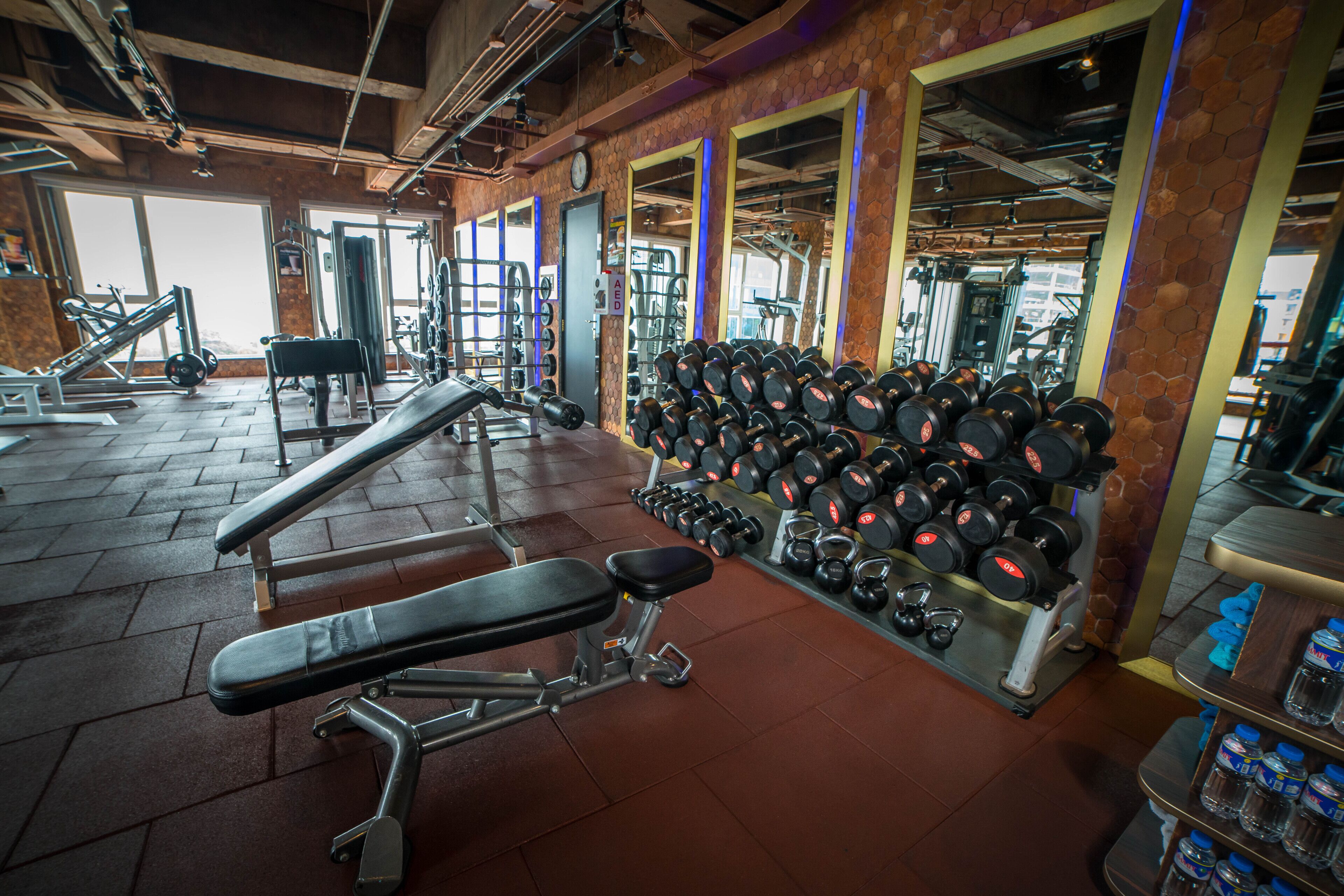 Une salle de sport équipée de matériel de musculation, d’un banc et d’un porte-haltères.