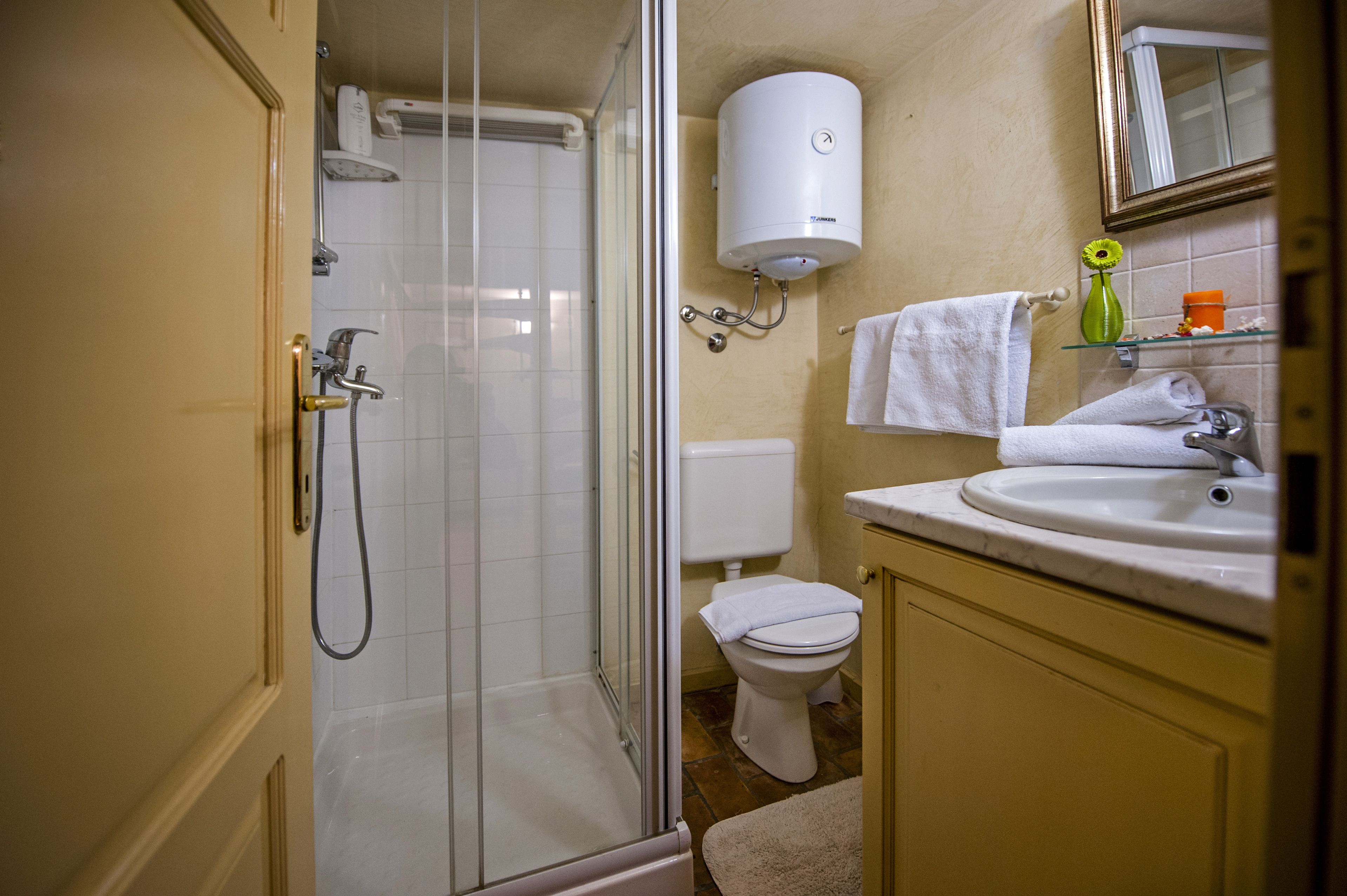 A bathroom with a glass shower enclosure, a toilet, a sink, and a mirror.