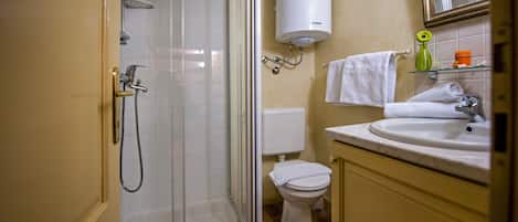 A bathroom with a glass shower enclosure, a toilet, a sink, and a mirror.