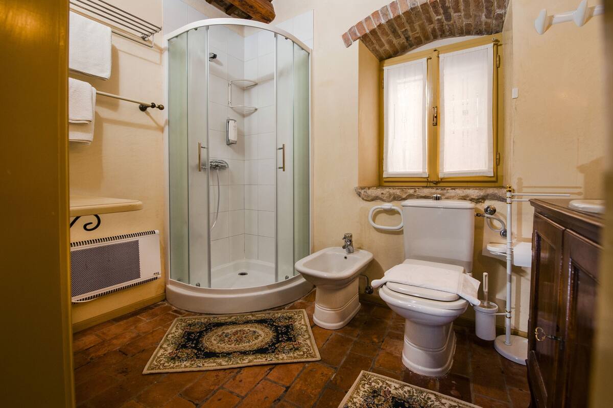 Baño con ducha de mampara de vidrio, inodoro, bidé, radiador y ventana con fachada de ladrillo.