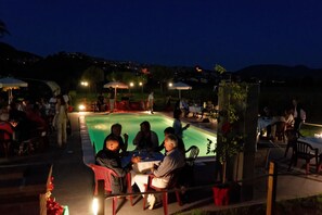 Seasonal outdoor pool, open 9:30 AM to 7:30 PM, pool umbrellas