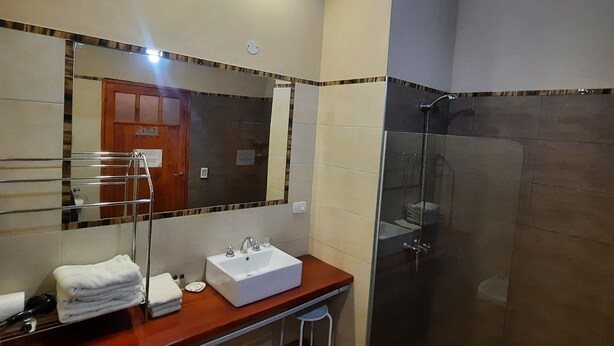 A bathroom with a sink, mirror, and shower. - Posada Cavieres Wine Farm (Maipu)