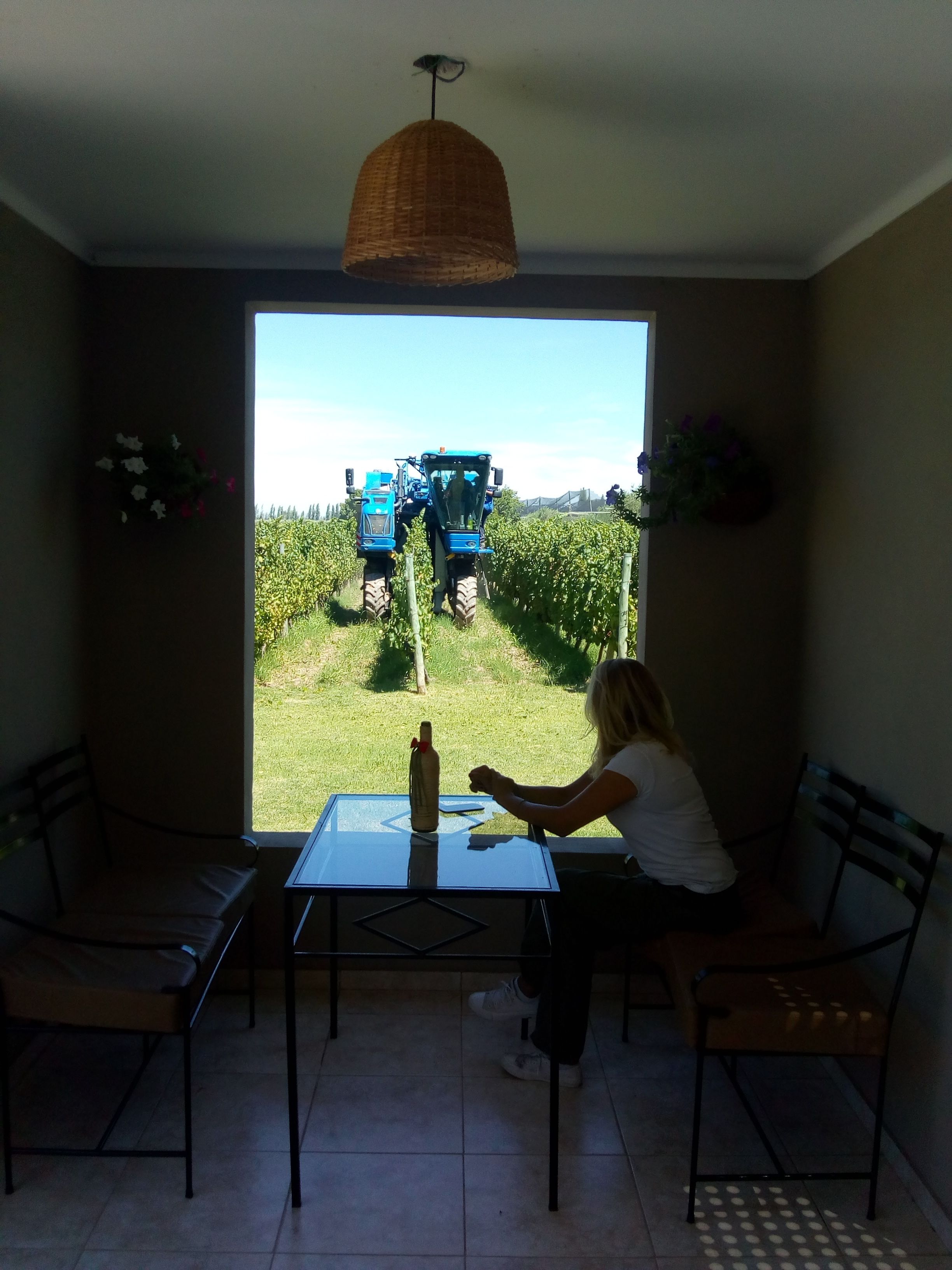 Una habitación con un ventanal grande, una mesa, dos sillas, una lámpara colgante y una botella sobre la mesa.